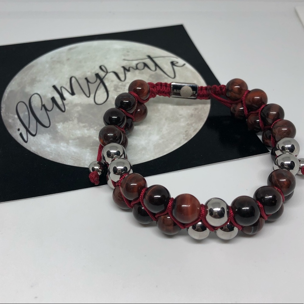 Natural Red Tigers Eye & Stainless Steel Bracelet